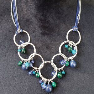 Women Silver Tone Multi Gems & Beads Circle Link V Shape Necklace with Lobster